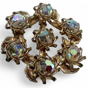 VINTAGE Mid-Century Aurora Borealis Rhinestone Floral Design Gold Pin Brooch